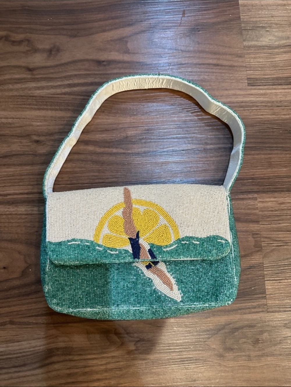 Beaded Diver Motif Shoulder Bag in Teal and Cream Hand Beaded